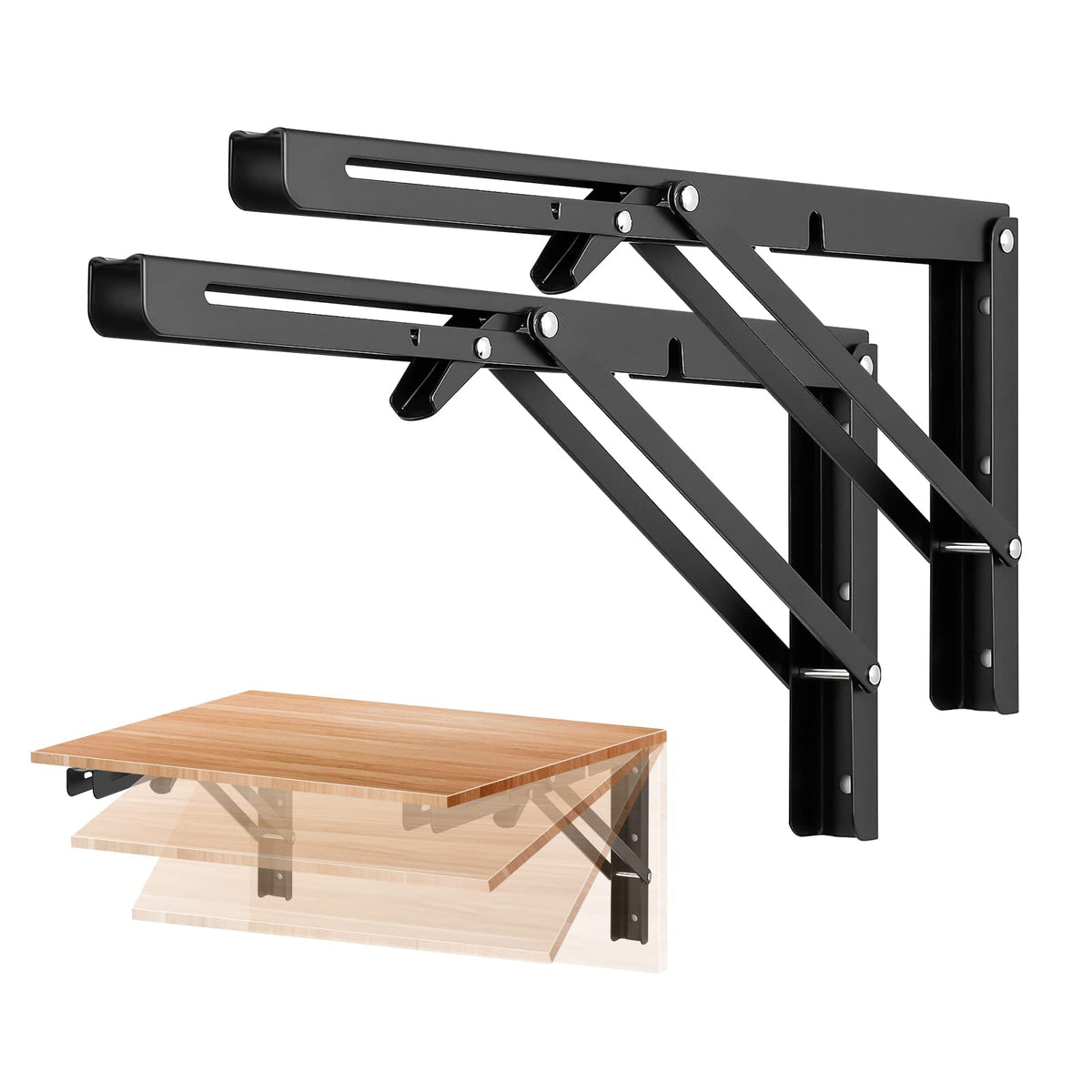 Ravinte 14-inch folding brackets, matte black closed design, space-saving support for shelves.