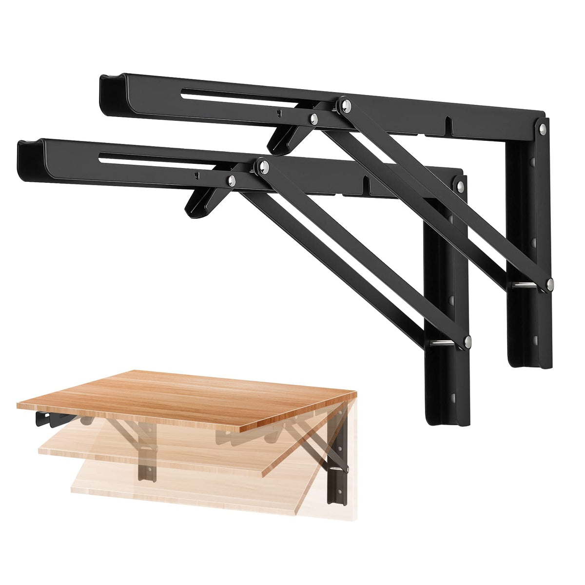 Ravinte 16-inch folding shelf bracket close-up in matte black for strong, stable shelves.