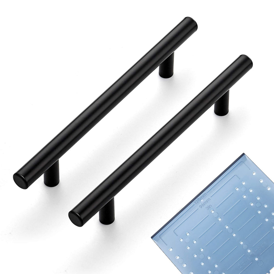 Ravinte matte black cabinet pulls closeup showing sleek finish and comfortable grip.