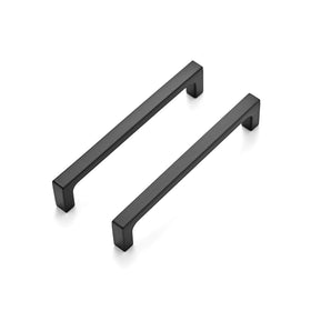 Ravinte 5-pack square cabinet handle close-up in matte black, zinc alloy durability.