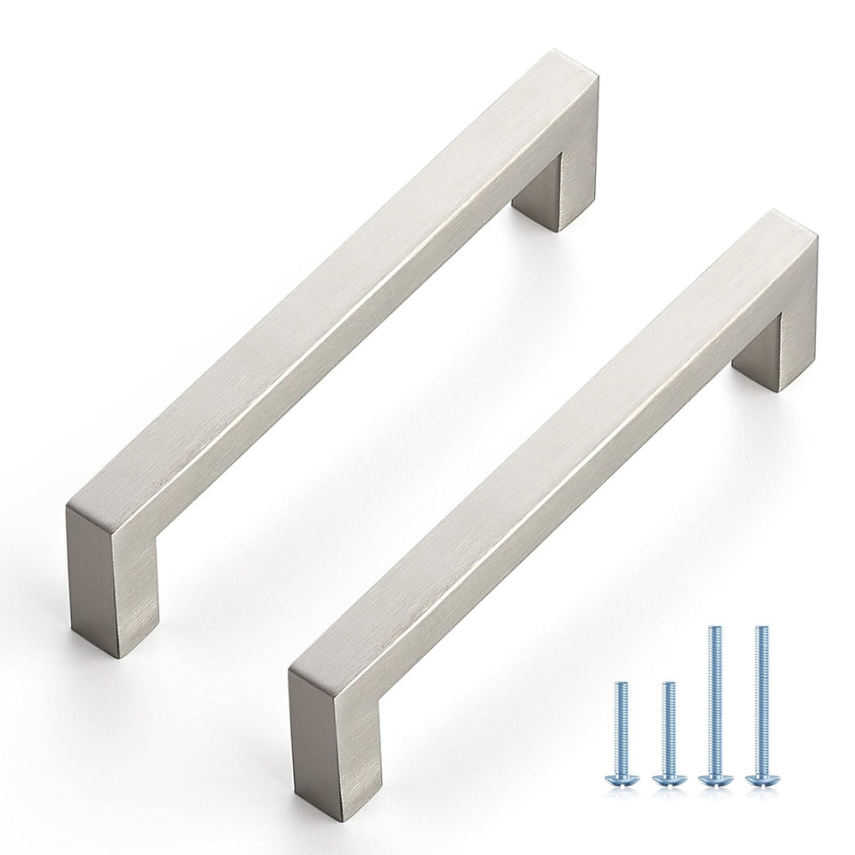 Ravinte brushed nickel cabinet handle with five-inch hole center for easy upgrade.