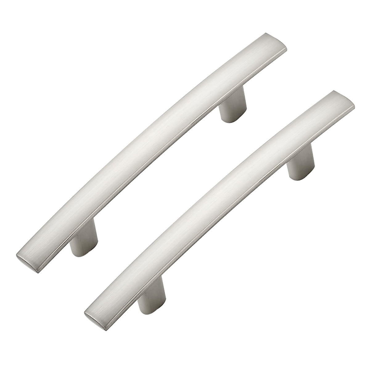 Ravinte Decor curved cabinet pull in brushed nickel enhances kitchen cabinets with modern flair.