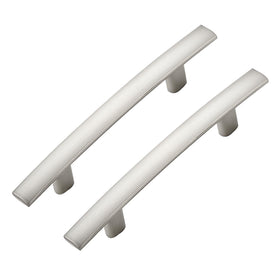 Ravinte Decor curved cabinet pull in brushed nickel enhances kitchen cabinets with modern flair.