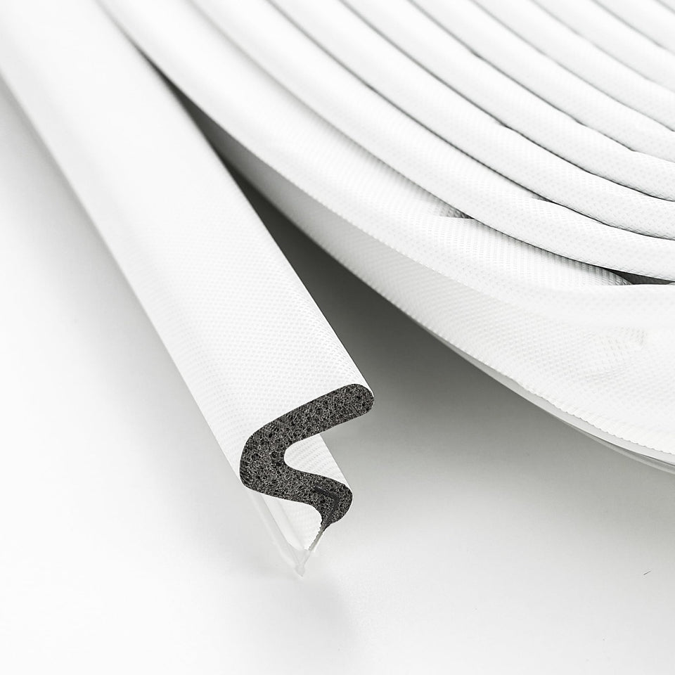 Ravinte door seal strip close-up showing foam core and grooves for a snug fit.
