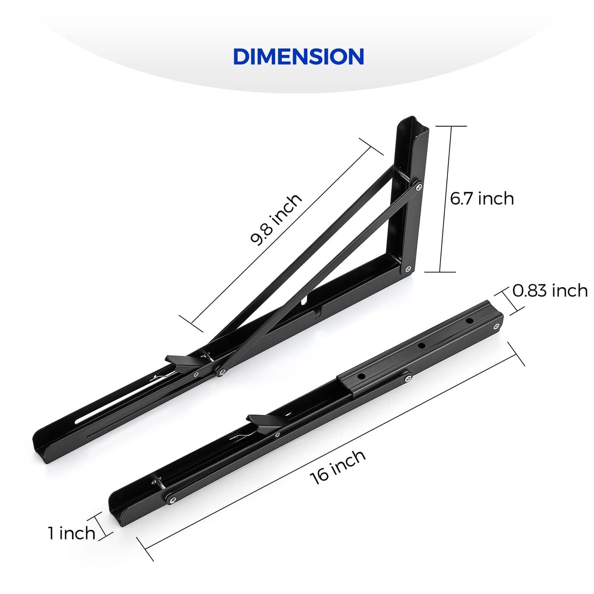 Ravinte matte black folding bracket closeup shows durable steel construction.