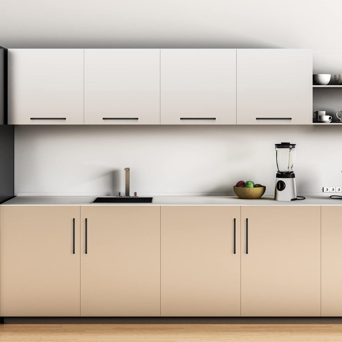 Ravinte matte black kitchen cabinet set on counter showing style.