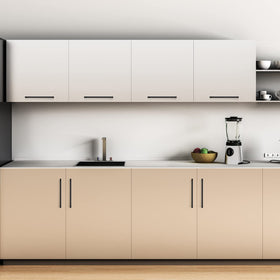 Ravinte matte black kitchen cabinet set on counter showing style.