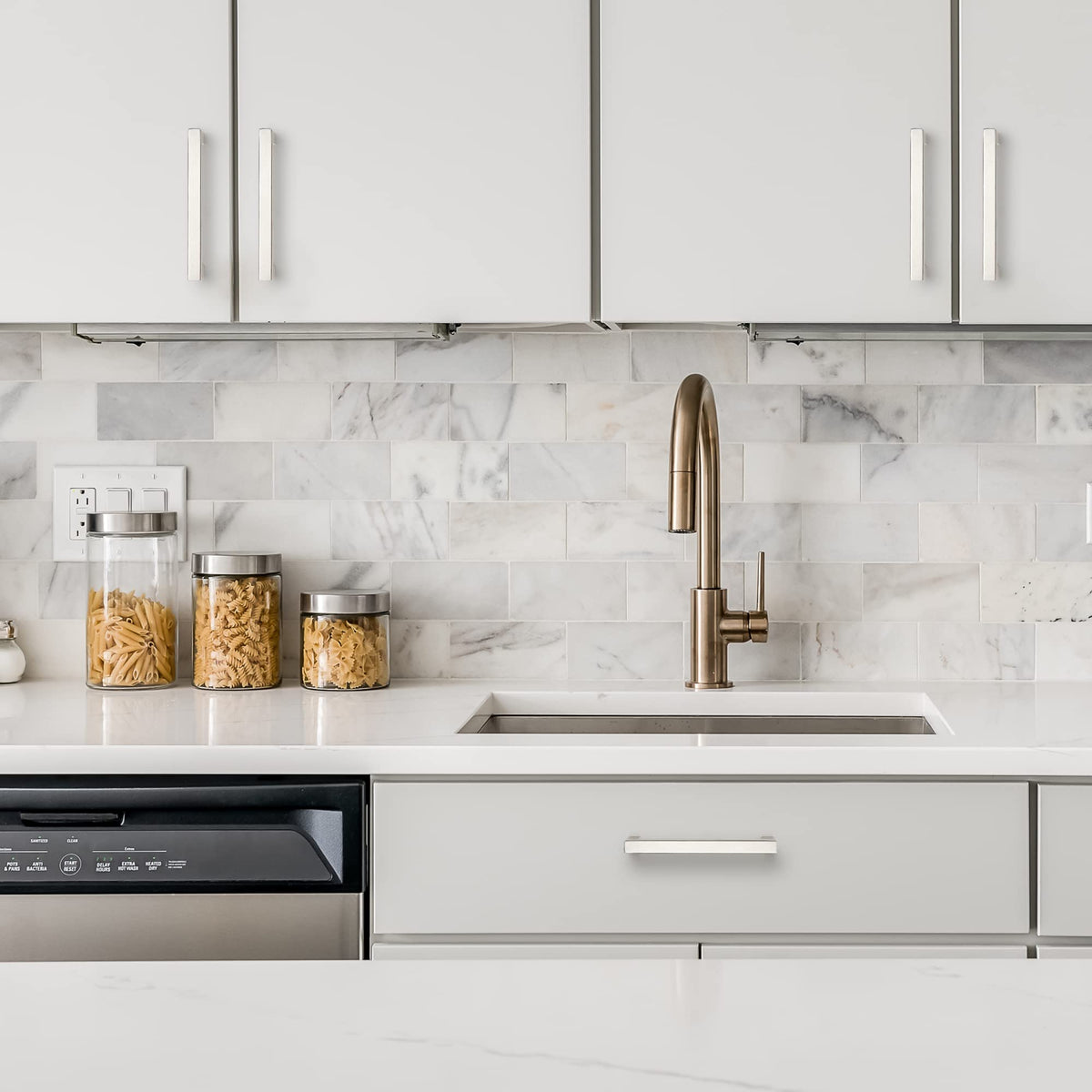 Ravinte modern brushed nickel handle installed on a cabinet.