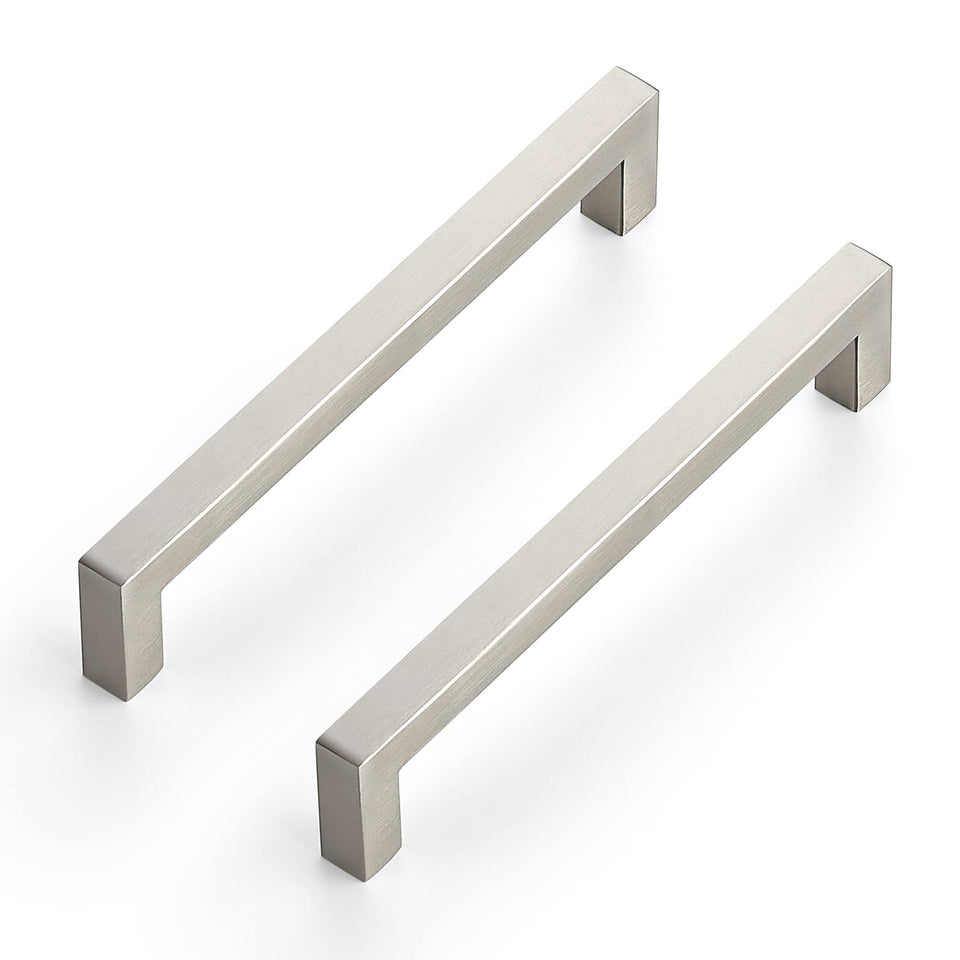 Ravinte satin nickel square cabinet handle close-up, durable kitchen hardware