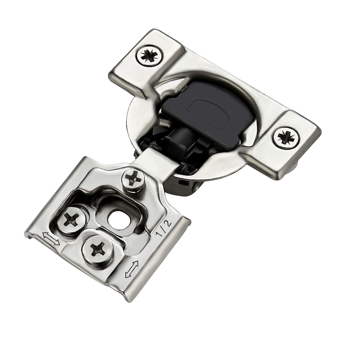 Ravinte soft-close hinges in satin nickel ensure quiet, smooth cabinet closure.