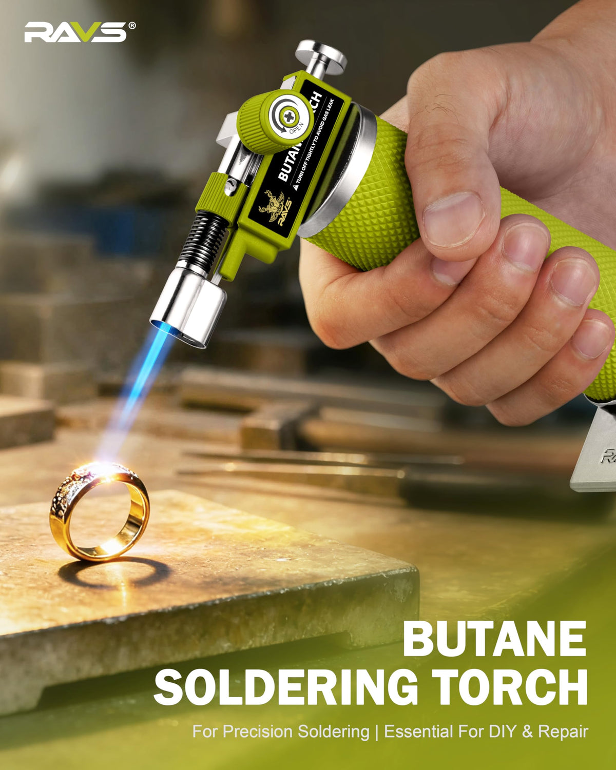 RAVS adjustable flame control enables tailored heat for culinary and craft tasks.
