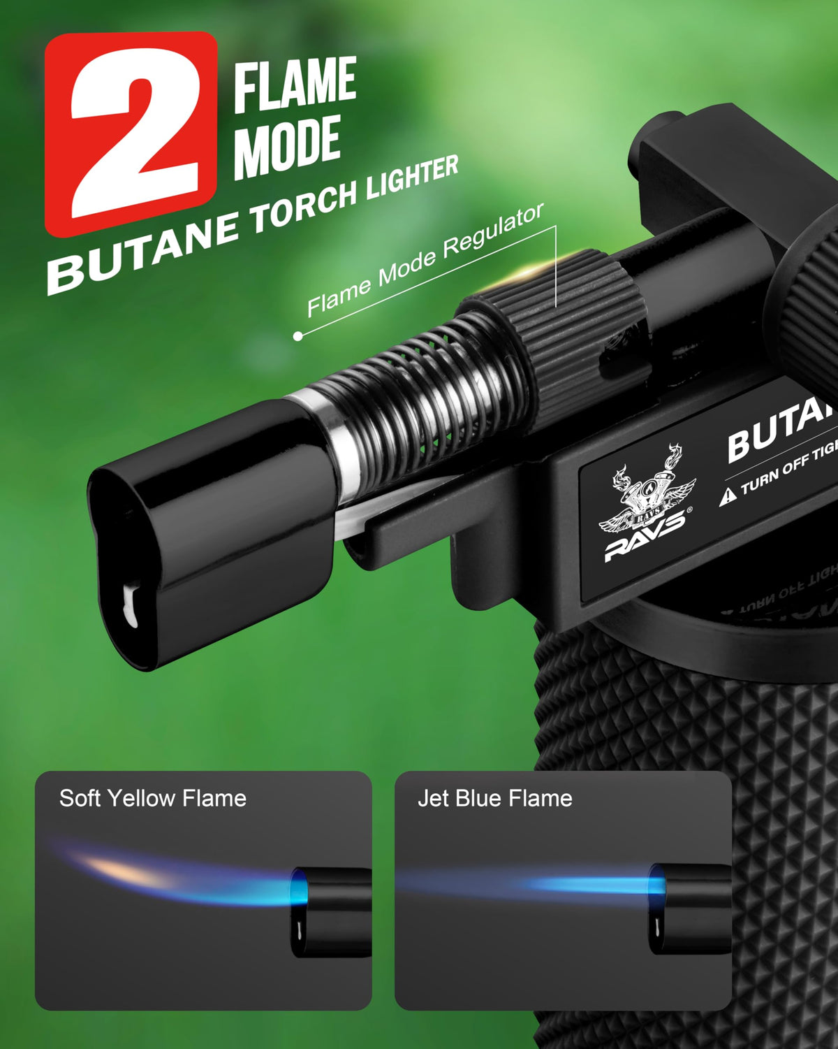RAVS butane torch adjustable flame for controlled caramelization.
