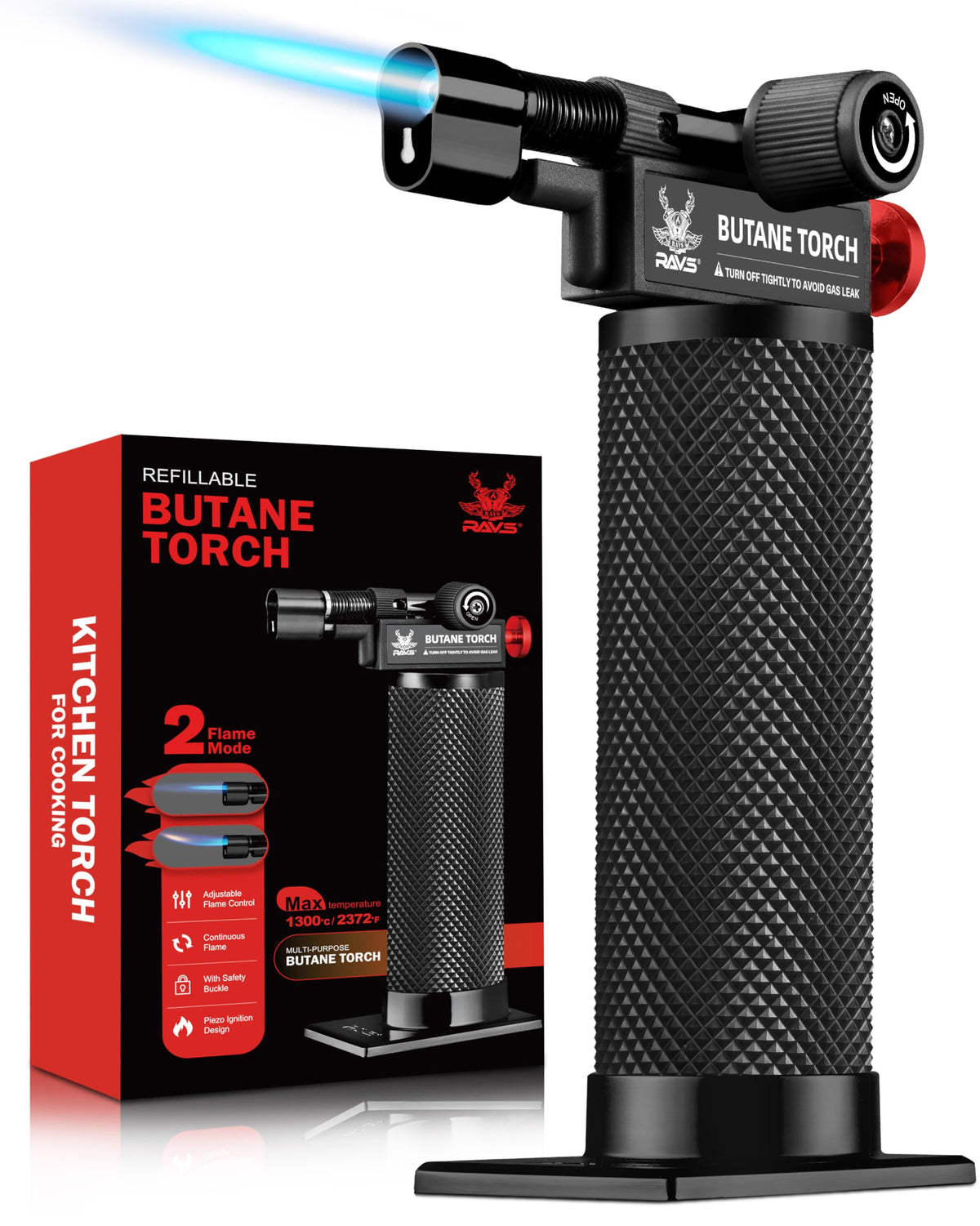 RAVS butane torch dual flame mode for precise browning.
