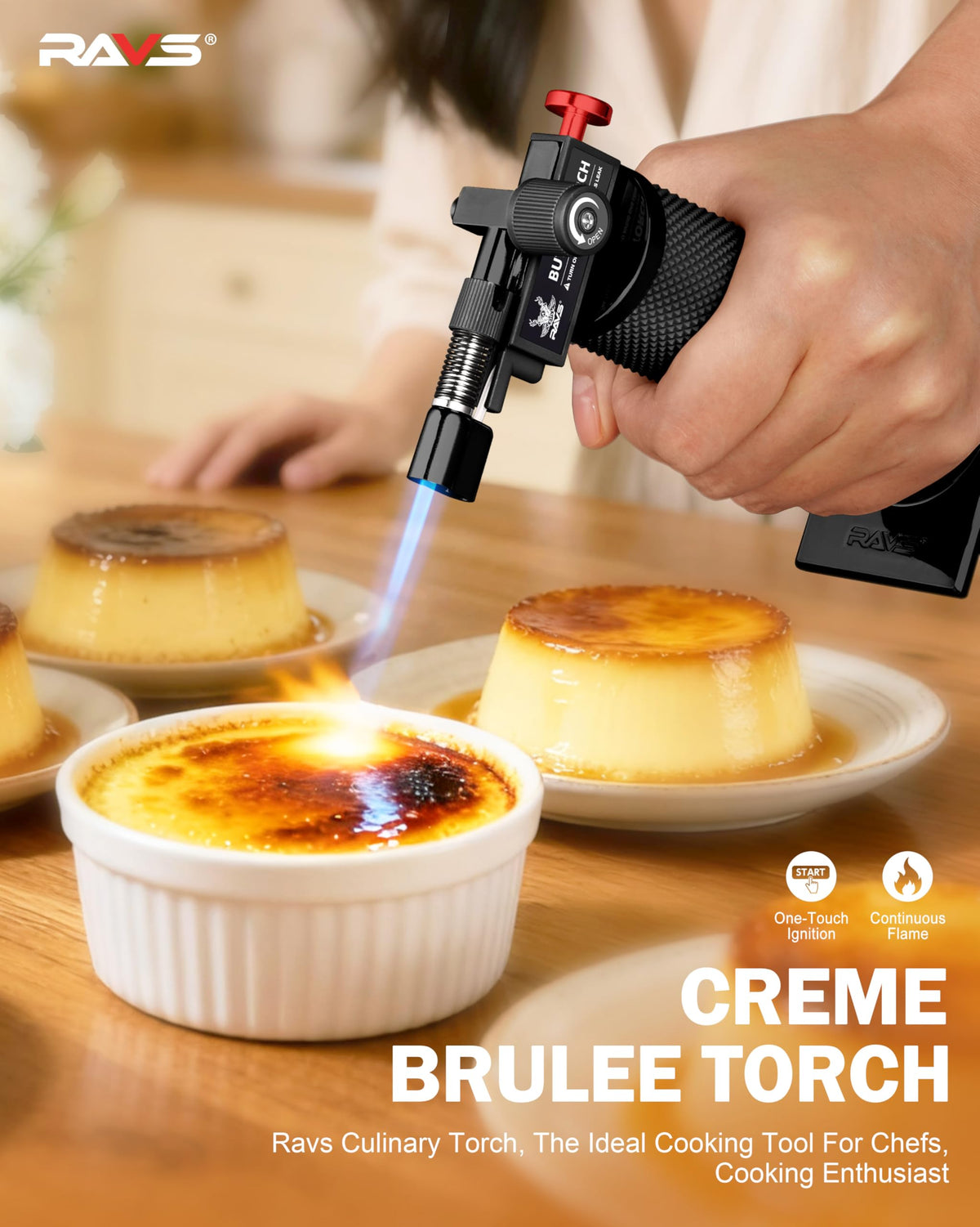 RAVS creme brulee torch refillable design for continuous use.