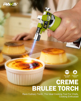 RAVS creme brulee torch caramelizing sugar with precise, controlled heat.