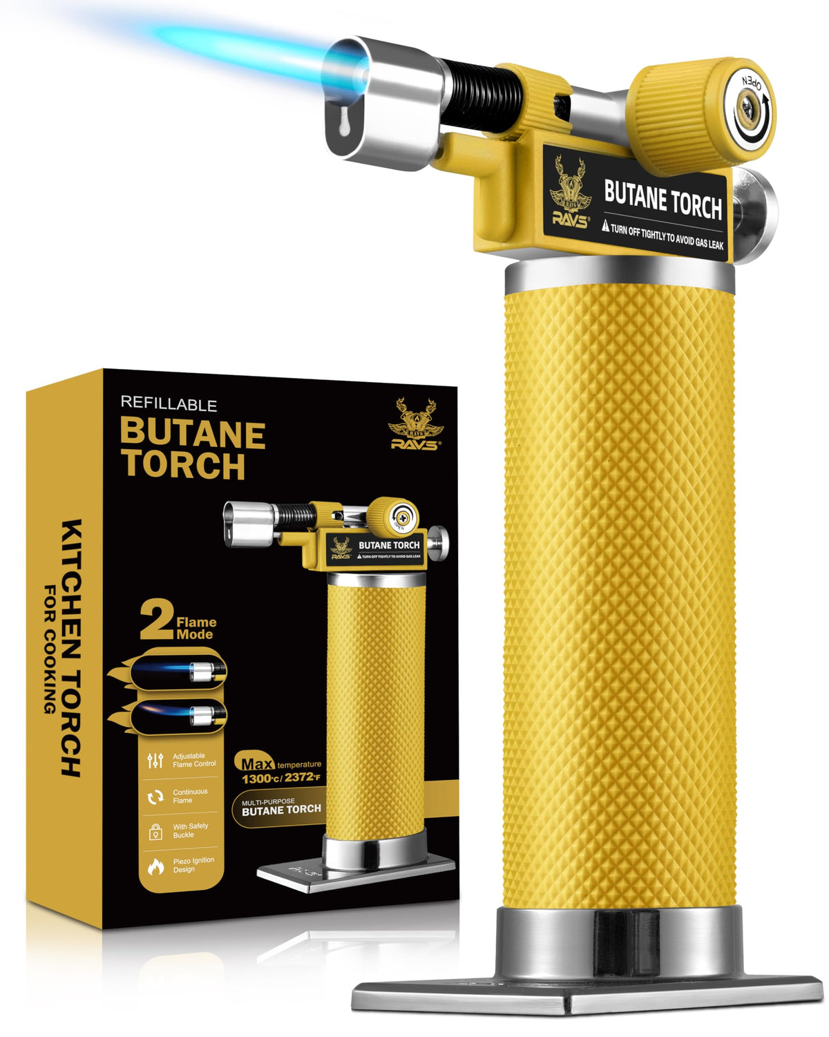 RAVS dual flame torch lighter in front view for quick heating and precision in the kitchen.