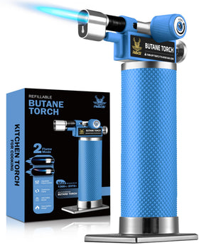 RAVS dual flame torch with blue metal body for durable kitchen use.