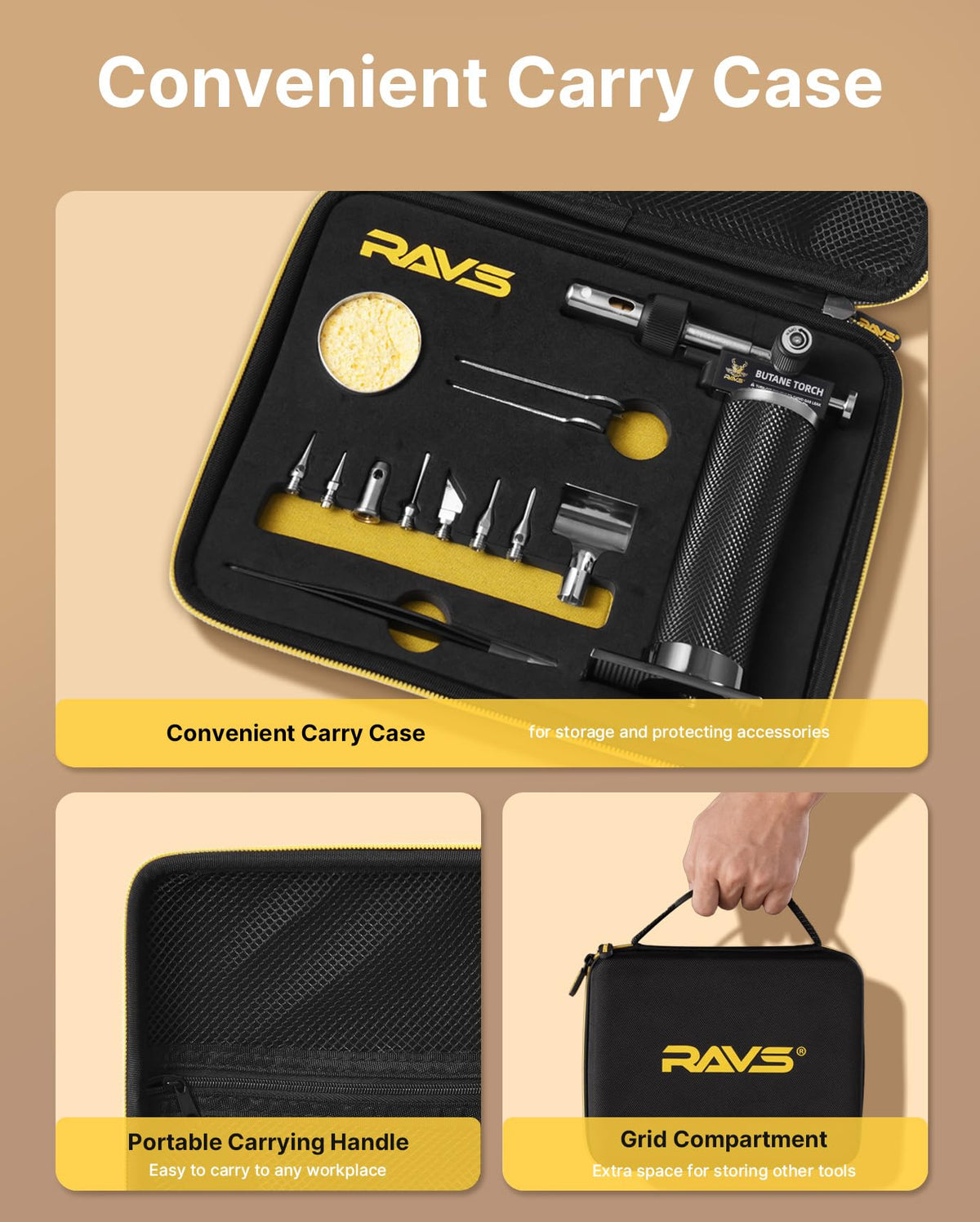 RAVS grid compartment carry case stores accessories neatly during transport.