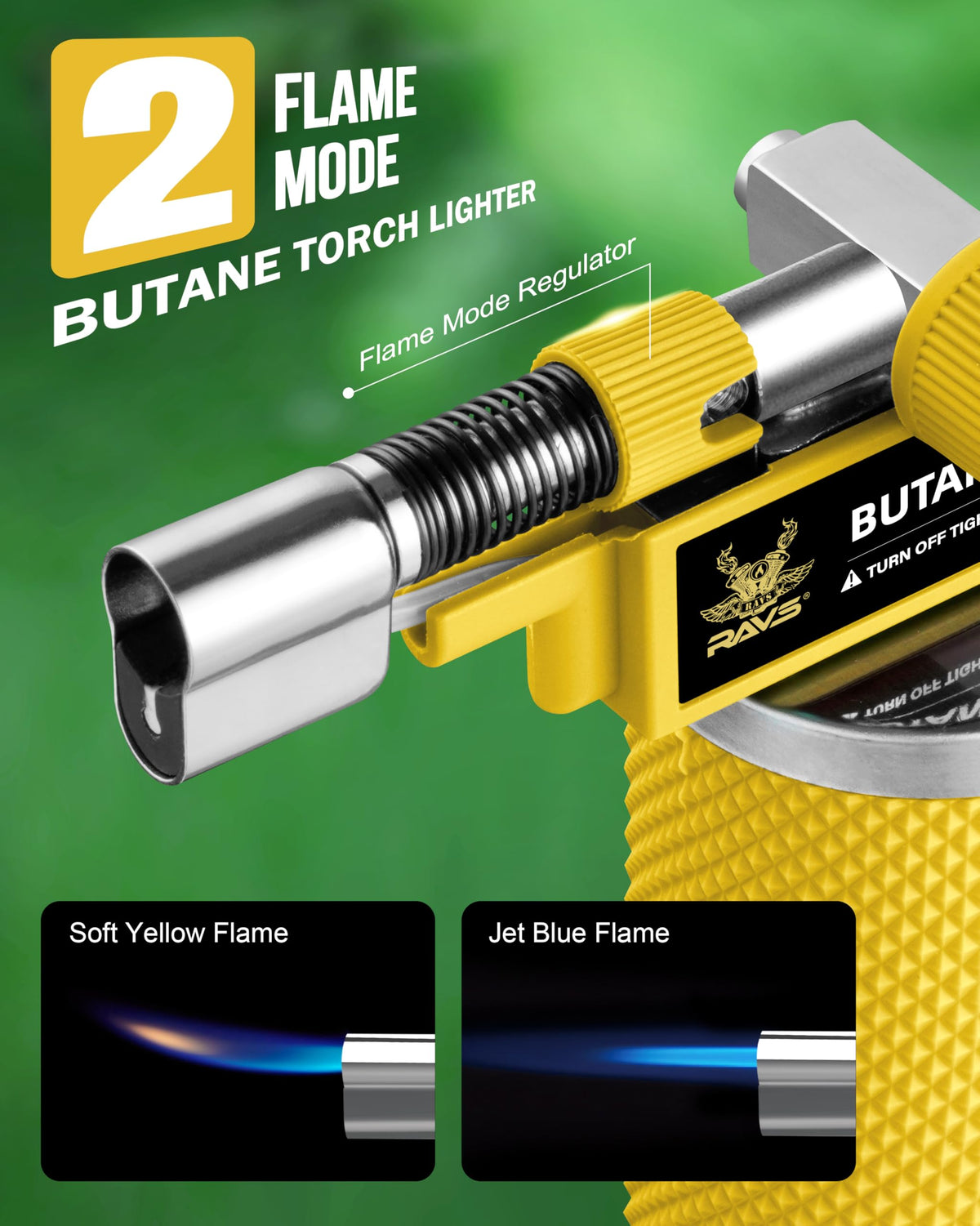 RAVS metal-bodied torch with ergonomic grip for one-handed use.
