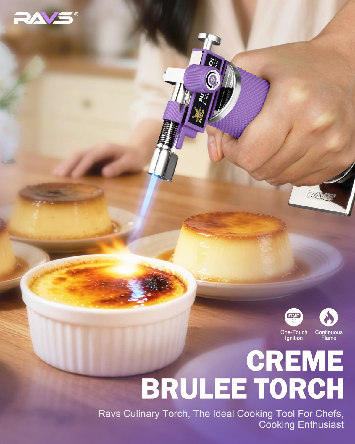 RAVS refillable kitchen torch with Piezo ignition for instant start