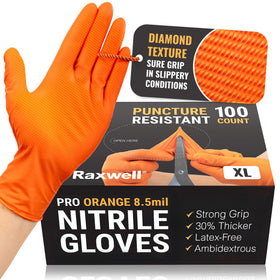 Raxwell diamond-texture nitrile gloves provide confident grip for wet tasks.