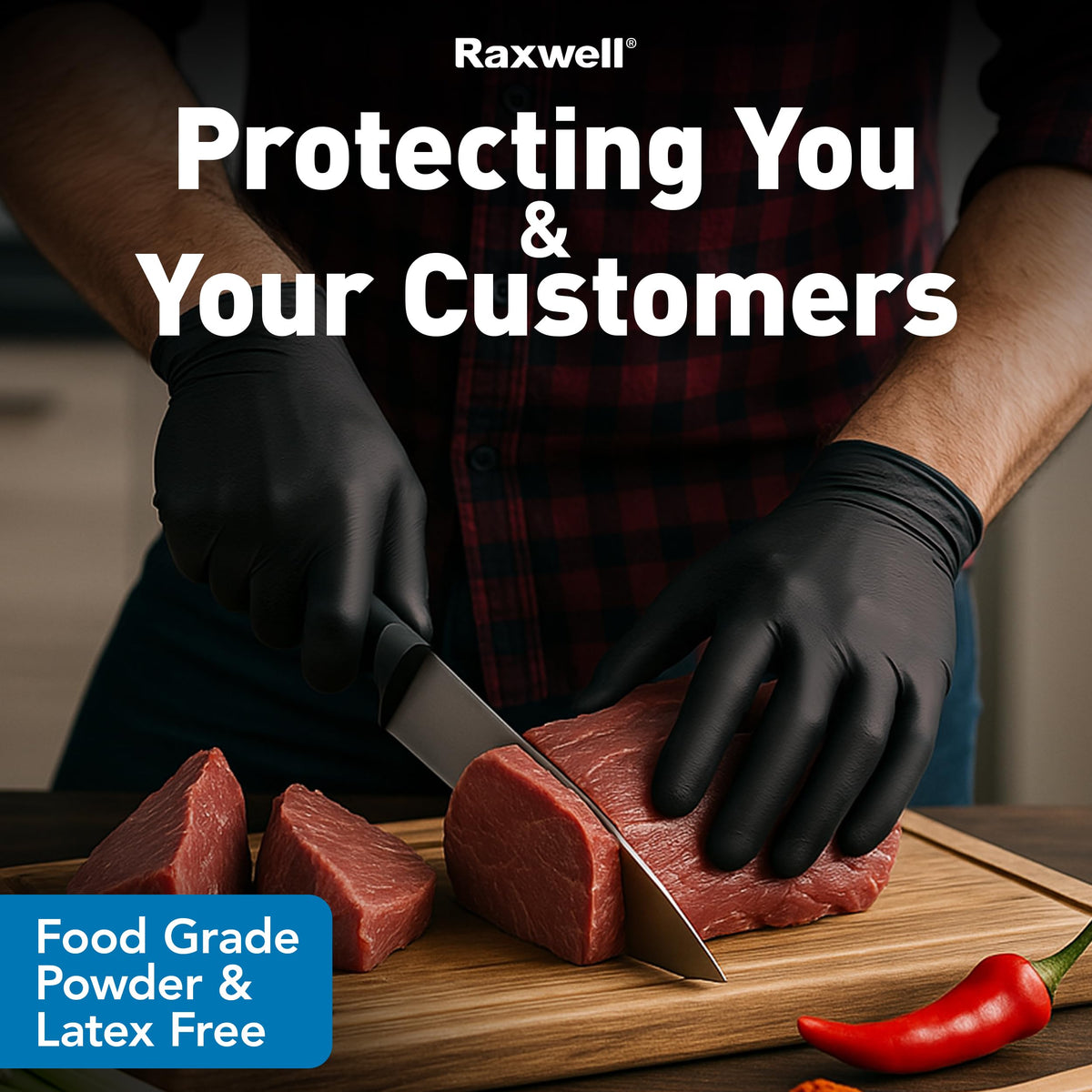 Raxwell powder-free and latex-free nitrile gloves reduce irritation.