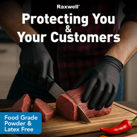 Raxwell powder-free and latex-free nitrile gloves reduce irritation.