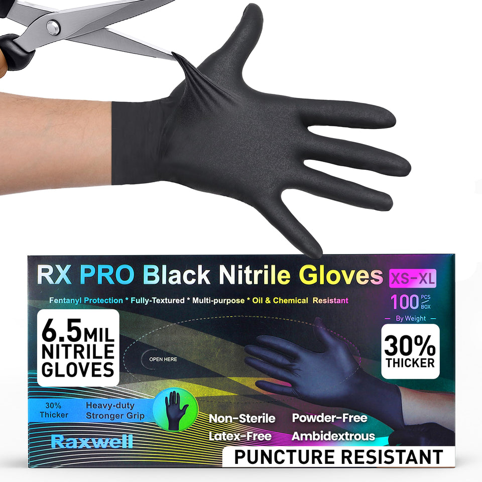 Raxwell Heavy Duty Nitrile Gloves with textured palm for secure grip in wet prep tasks.
