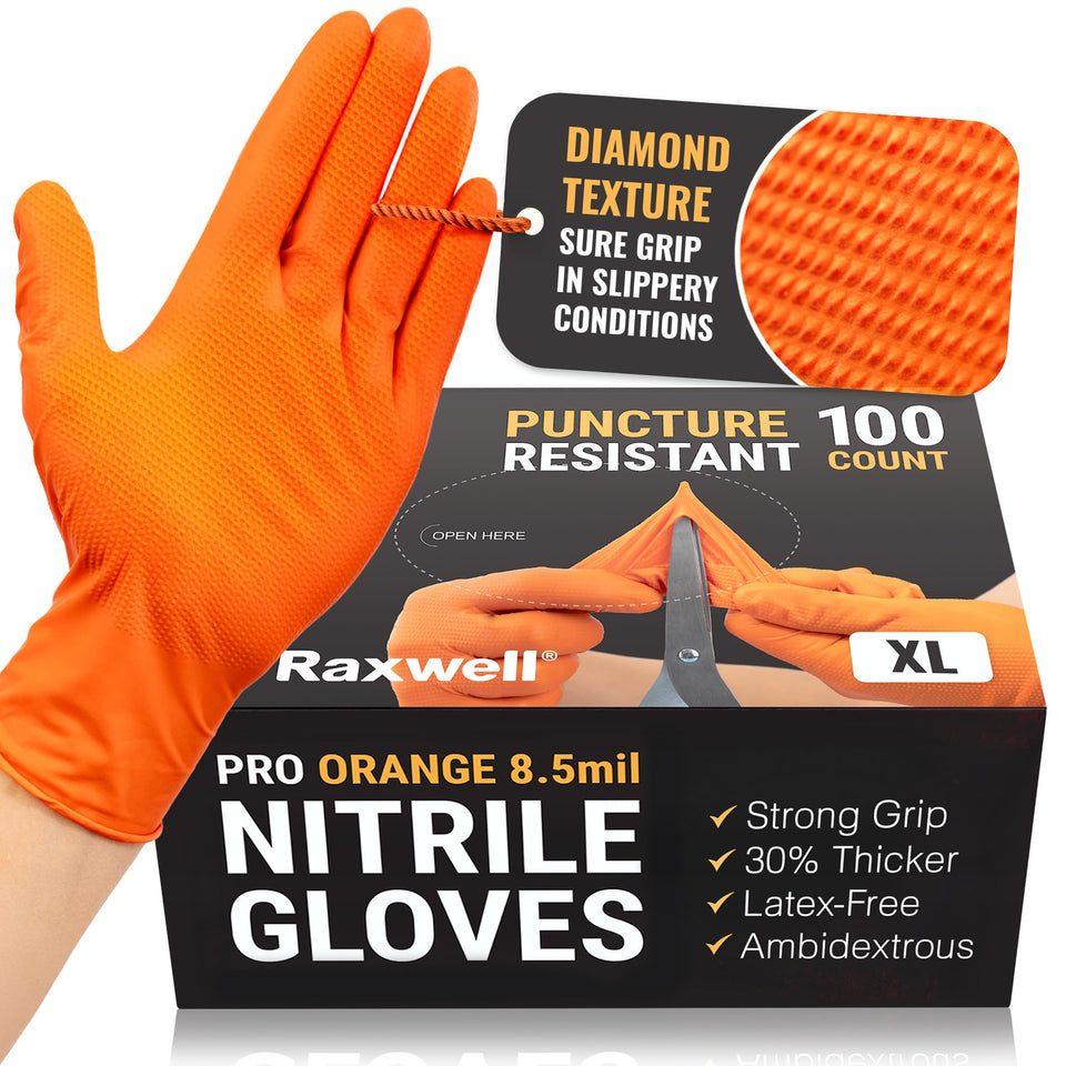 Raxwell orange nitrile gloves with diamond texture for secure grip
