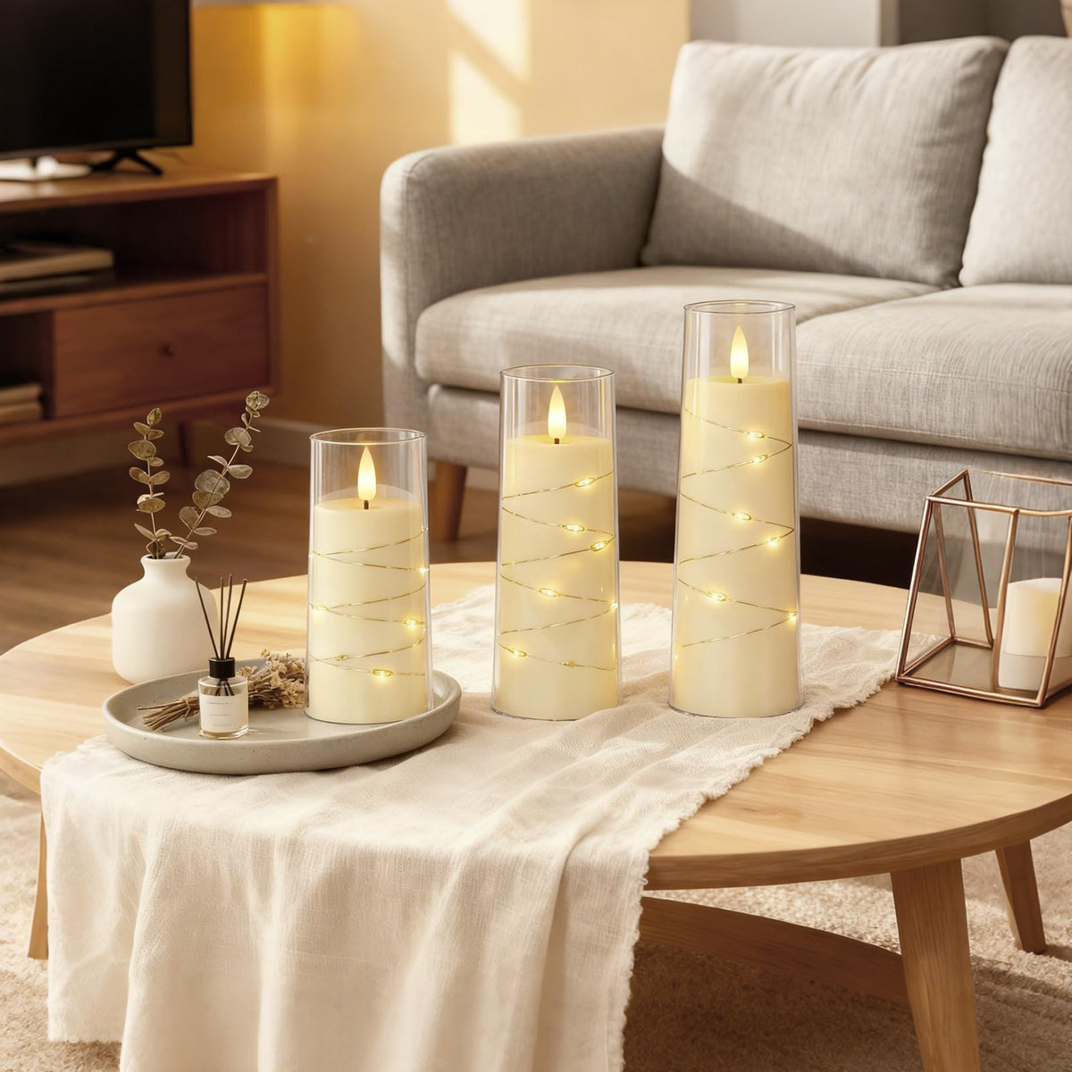 Raycare candle features a 3D wick design for a realistic flame effect.
