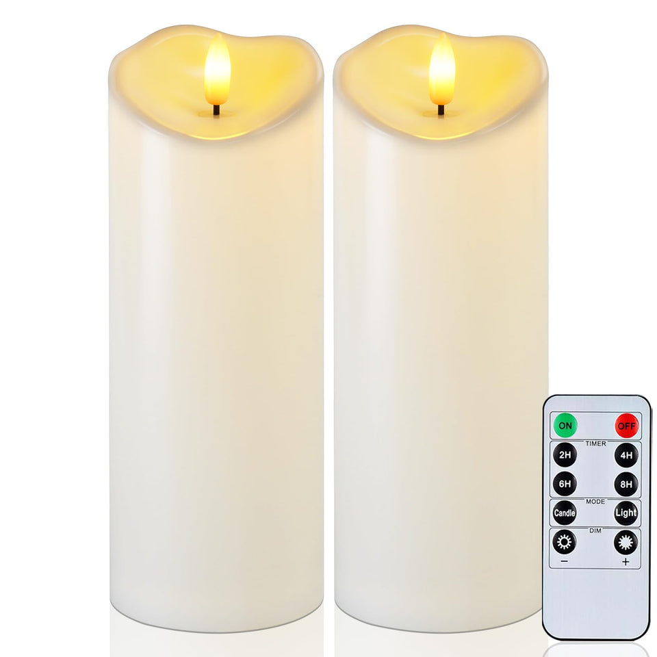 Raycare 8x3 ivory outdoor candle, side view, ambient glow