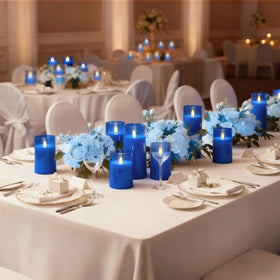 Raycare blue flameless candle 3x4 angle3 lends cozy light for tabletop decor