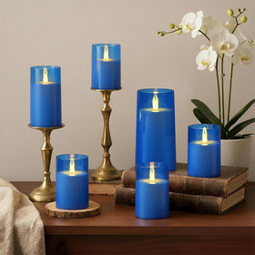 Raycare blue flameless candle 3x5 angle1 enhances festive table decor with safety