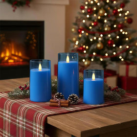 Raycare blue flameless candle 3x6 angle2 suitable for indoor outdoor decor