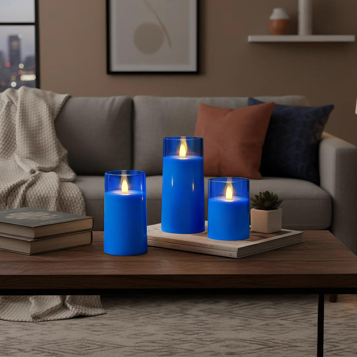 Raycare blue flameless candle 3x6 angle3 ideal for multi-size centerpiece setups
