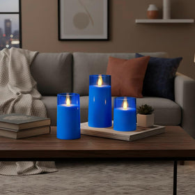 Raycare blue flameless candle 3x6 angle3 ideal for multi-size centerpiece setups