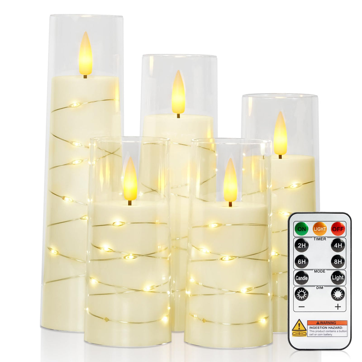 Raycare flameless candle with embedded star string in ivory creates cozy home ambience.
