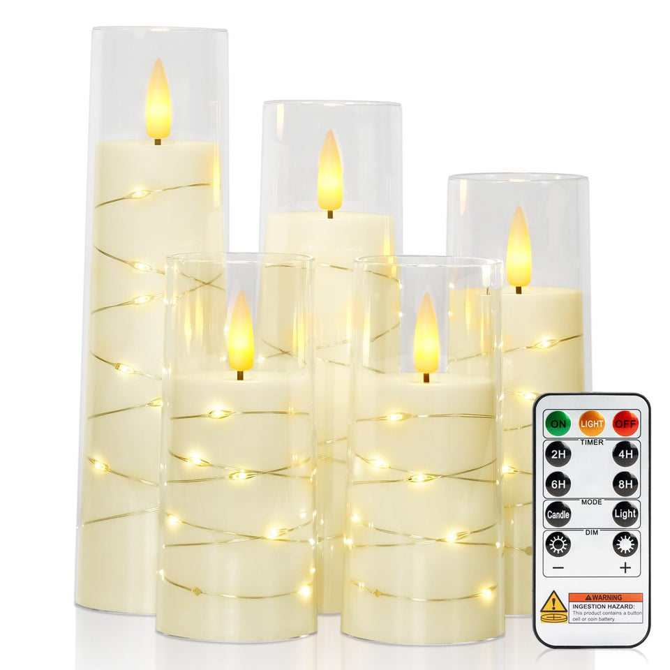 Raycare flameless candle with embedded star string in ivory creates cozy home ambience.