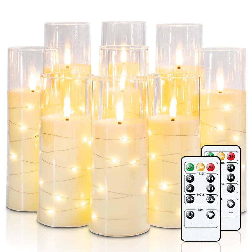 Raycare flameless ivory candle with embedded star string for ambient decoration.