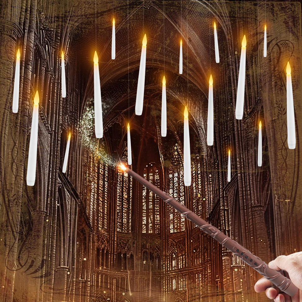 Raycare floating candles with wand remote illuminate a magical dinner table setting.