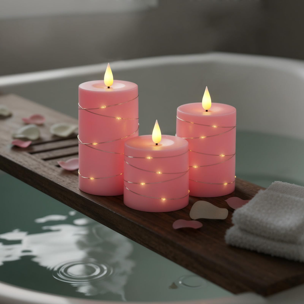 Raycare pink decor candles on a wedding table setting