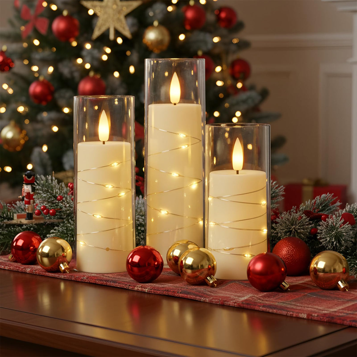 Raycare candles emit a warm yellow glow for cozy atmosphere.