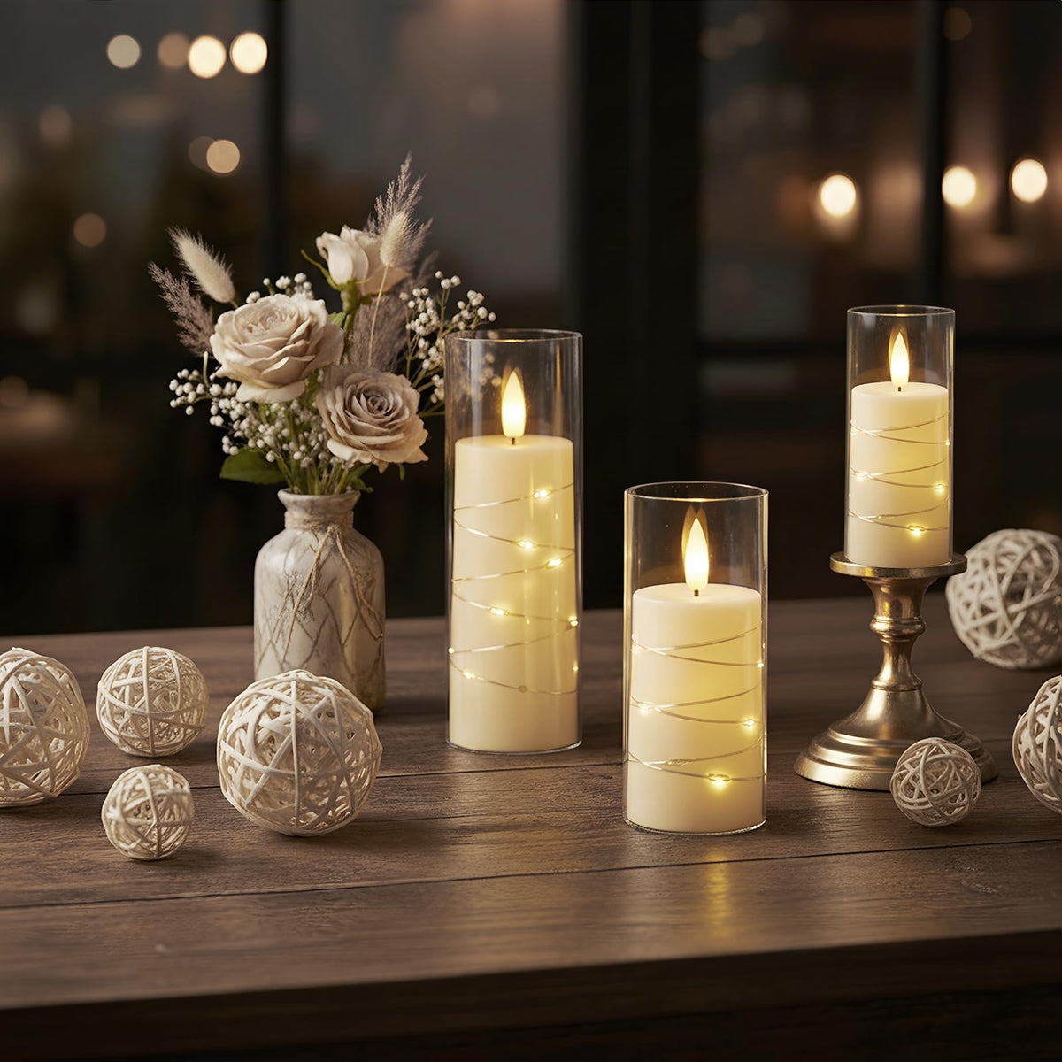 Raycare candles used as wedding or dinner party decor for elegant ambiance.