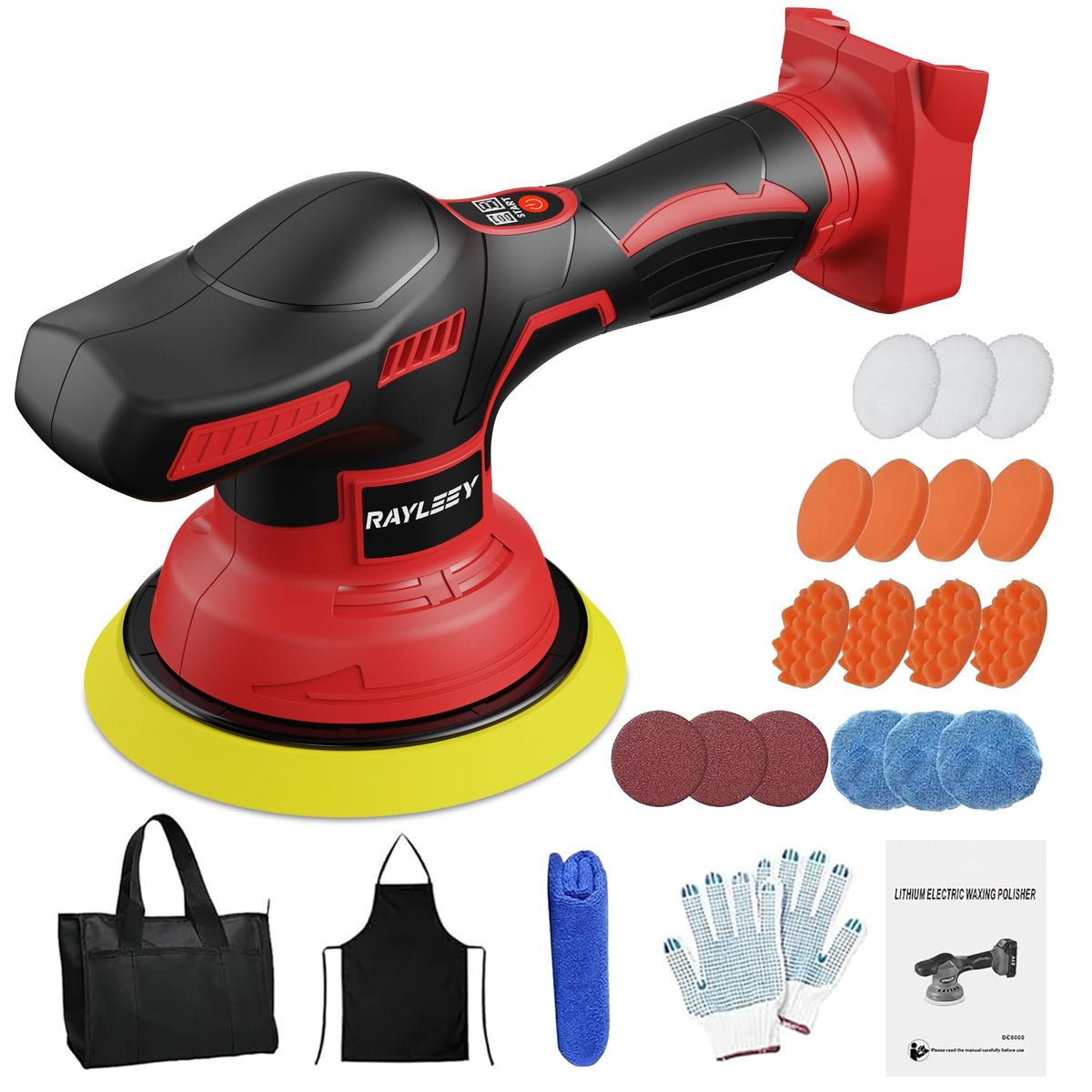 Rayleey cordless buffer polisher shown in use for smooth car polishing.