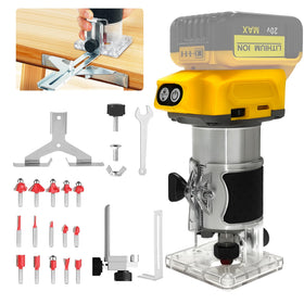 Rayleey cordless palm router ready for Dewalt 20V battery, enabling untethered precision.