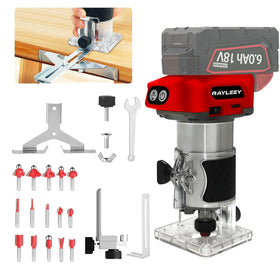 Rayleey cordless wood router base view shows precise control in tight spaces.