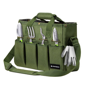Raynesys Garden Tote Bag stands upright on any surface for quick tool access.