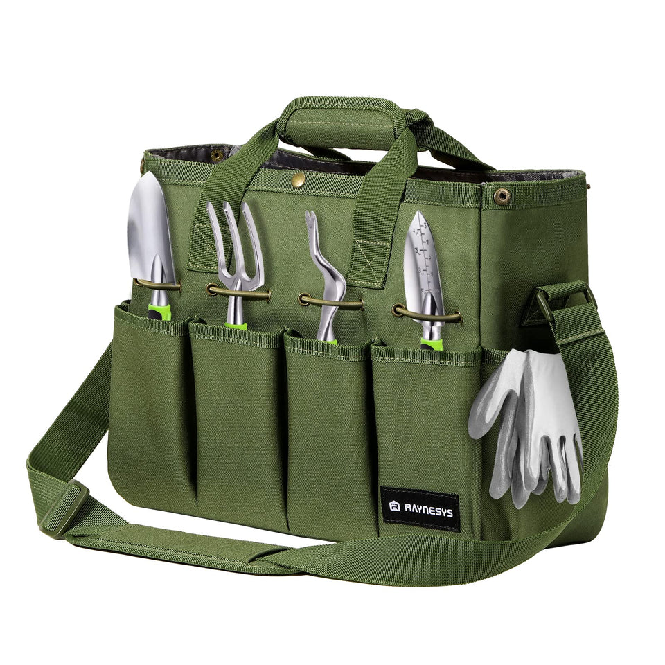 Raynesys Garden Tote Bag stands upright on any surface for quick tool access.