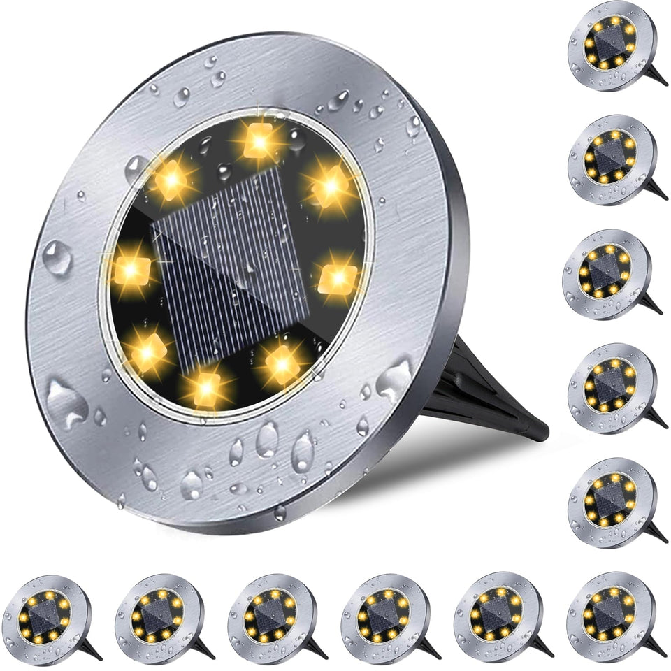Rayolon solar ground light close-up showing eight LEDs for bright path lighting