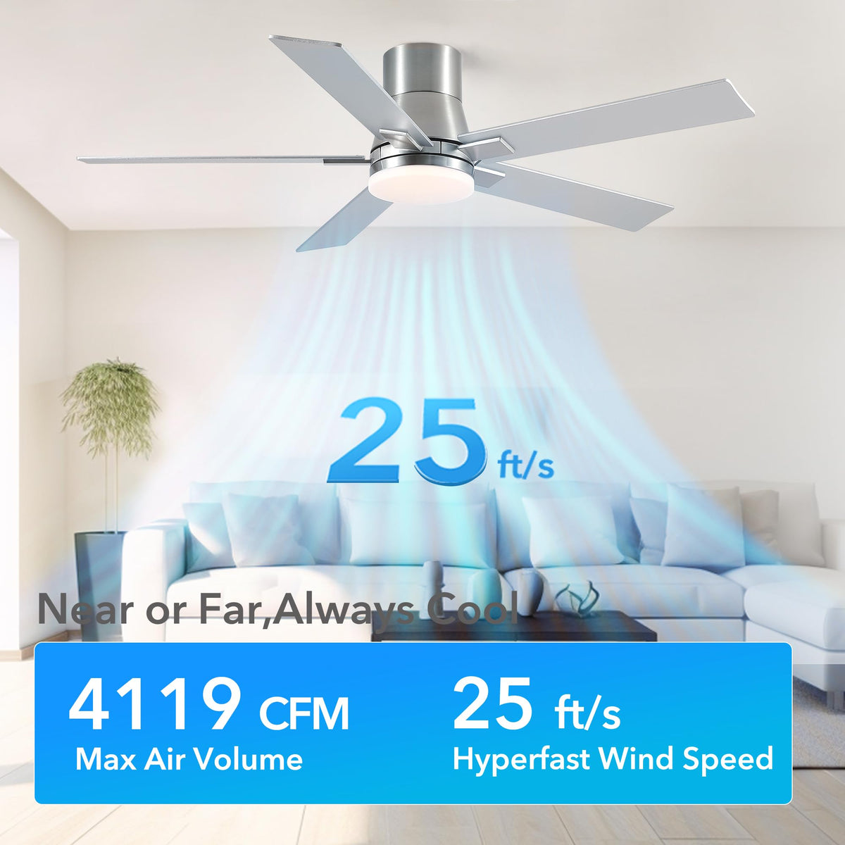 Rayqueen dual blades in silver and wood grain for versatile room aesthetics.